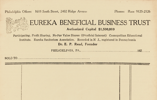 Billhead for recording the sale of stock shares in Dr. Read's Eureka Beneficial Trust, 1920s