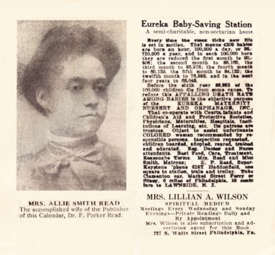 Notices from "Read's Encyclopediac Ready Reference" featuring Mrs. Allie Read, the Baby-Saving Station, and an ad for Mrs. Lillian Wilson, Spiritualist Medium